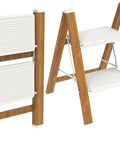 Lightweight Aluminum 2 Step Folding Ladder With Wide Pedals And Anti Slip Grip For Safer Heights Opens To 18 x 20.8 x 24 Inches Folds Down To 25.9 x 18 x 1.9 Inches And Weighs Just 5.73 Pounds For Easy Indoor Or Outdoor Use, wood-look two-step ladder open and folded
