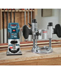 Plunge Base For PR20EVS And PR10E Colt Palm Router Motors with smooth plunge action and lock release lever on wooden workbench