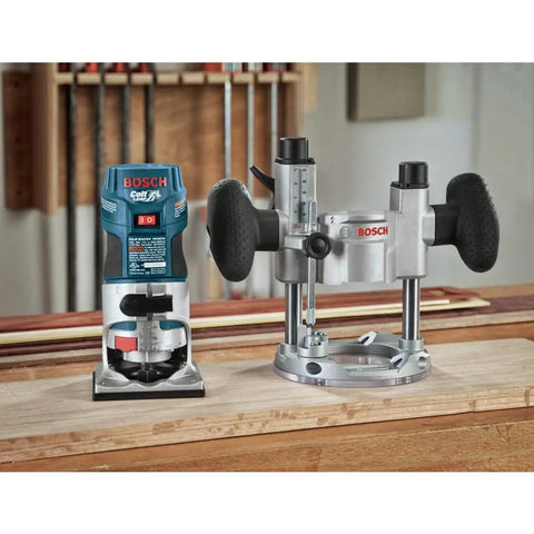 Plunge Base For PR20EVS And PR10E Colt Palm Router Motors with smooth plunge action and lock release lever on wooden workbench