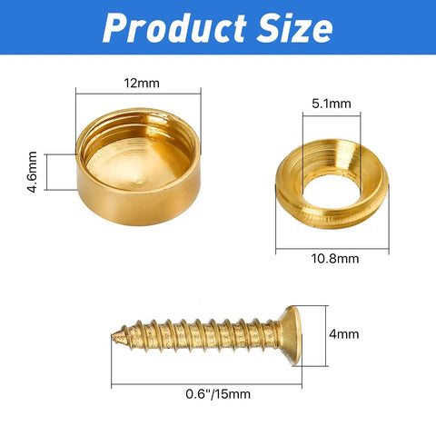 Product size details for 16 Pack Sweet Looking Brass Decorative Screw Caps And Covers Half Inch Vintage Hardware, showing dimensions of caps and screw.