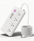 Ditch The Clutter With This Slick Smart Zigbee Power Strip Surge Protector Extension Cord Featuring Four Independently Switched AC Outlets And Four Fast USB Ports For Easy Alexa And Google Home Control, showcasing white design with four AC outlets and USB ports.