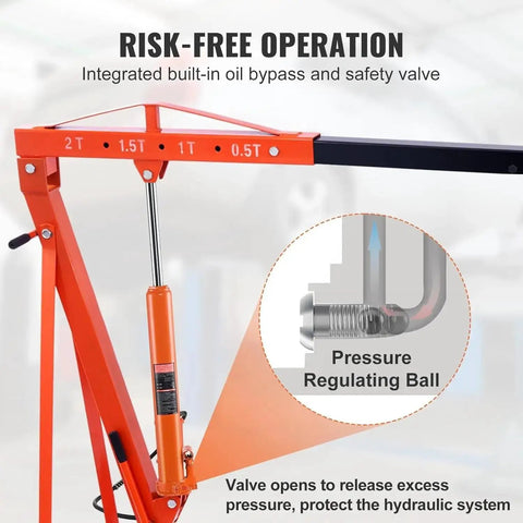 8 Ton Long Ram Hydraulic Electric Engine Hoist With Air Assisted Pump And Single Piston Manual Pump, showing built-in oil bypass and safety valve.