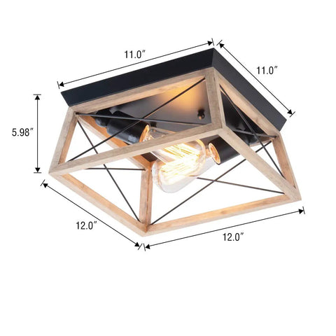 Farmhouse Wood Flush Mount Ceiling Light Fixture With Two Lights Square Batten Design For Hallway Entryway Dining Kitchen Rustic Modern Look And Cozy Industrial Vibe