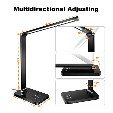 LED Desk Lamp With USB Port For Home Office And Reading, Eye Caring Light With 5 Color Modes And 5 Dimmable Levels, Touch Control And Auto Timer, Piano Style Modern Table Lamp showing multidirectional adjusting feature