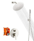Brushed Nickel Shower System With 8 Inch Rainfall Head Wall Mounted Faucet Set Complete Trim Kit Rough In Valve Body All Metal Construction
