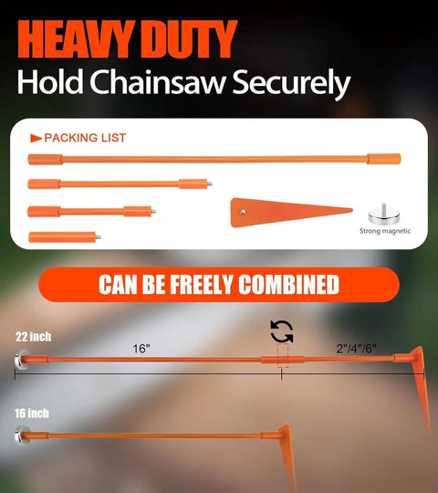Hella Handy Magnetic Firewood Measuring Tool For Chainsaws With Dead Serious Magnet Base, 22-inch orange pole and magnetic guide.