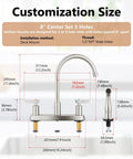 8" center set 3 hole guide for Two Handle High Arc Kitchen Faucet With Side Sprayer In Slick Brushed Nickel Finish.