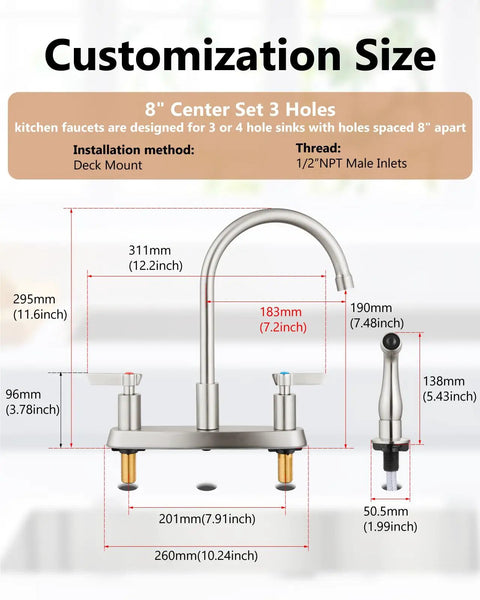 8" center set 3 hole guide for Two Handle High Arc Kitchen Faucet With Side Sprayer In Slick Brushed Nickel Finish.