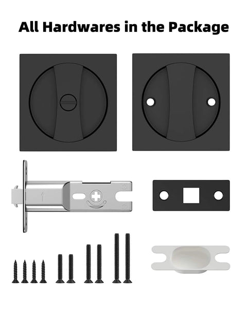 Matte Black Pocket Door Hardware Kit With Privacy Lock For Sliding Doors, screws and components included, front view