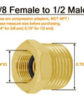 Brass adapter for faucet hoses, 3/8 compression female to 1/2 male, dimensions and specifications displayed for accurate fitting.