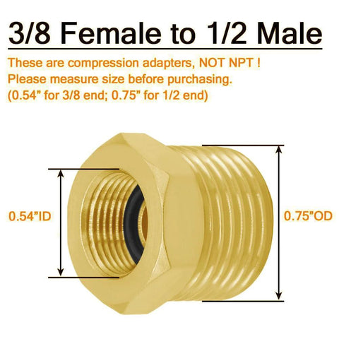 Brass adapter for faucet hoses, 3/8 compression female to 1/2 male, dimensions and specifications displayed for accurate fitting.