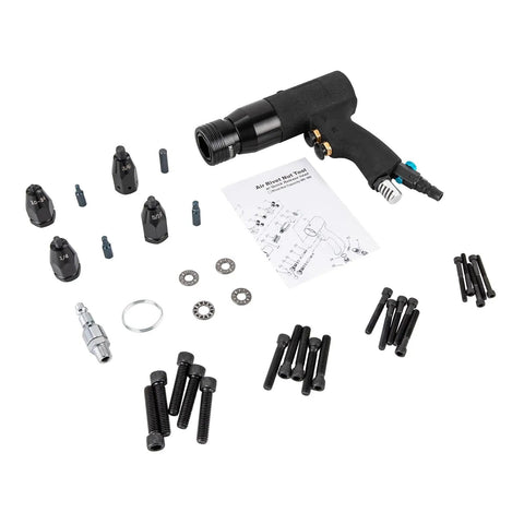Pneumatic Rivet Nut Gun Set for 10-24 and 1/4, 5/16, 3/8 inch rivnuts with accessories, ideal for automotive installations