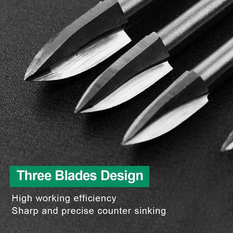 Wood carving drill bits set with three-flute design and 1/8 inch shank (front view)