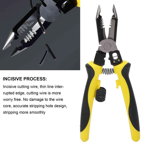 Heavy-Duty Carbon Steel Wire Stripper With Secure Non Slip Grip Electrician Crimping Pliers close-up showing cutting edges and ergonomic grips.