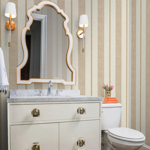 Rich Cream And Modern Gold Vinyl Wallcovering Boasts Subtle Leather Texture For Commercial Grade Heavy Duty Wear And Gets Custom Printed Just For You To Spark A Major Room Glow Up Today in elegant bathroom setup.