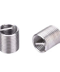 Close-up of stainless steel thread inserts from 17 Piece M12x1.5 Thread Repair Kit With Spiral Drill, Screw Tap, Wrench, Break Pin Tool And Hex Keys, Includes 12 Stainless Steel Thread Inserts For Damaged Hole Repair Heavy Duty DIY And Auto Repair Ready.
