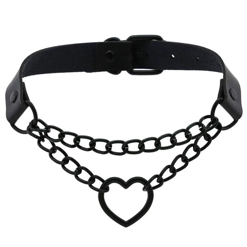 Dope Love Heart Choker Necklace Crafted From Thick Vinyl Leather Collar With Soft Plush Velvet Lining Adjusts Easily For Necks Up To Fifteen Inches stacked with chain detailing.