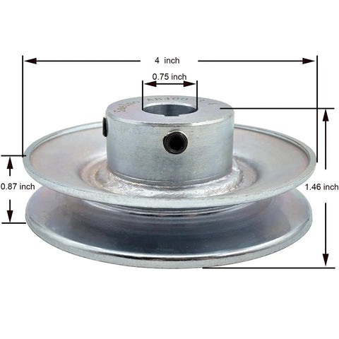 Single Groove V Belt Pulley Four Inch Outside Diameter Three Quarter Inch Bore Motor Pulley For A B 5L 4L Belts Carbon Steel Zinc Plated 1020 Steel Includes Keyseat Screws And Wrench, side view with dimensions