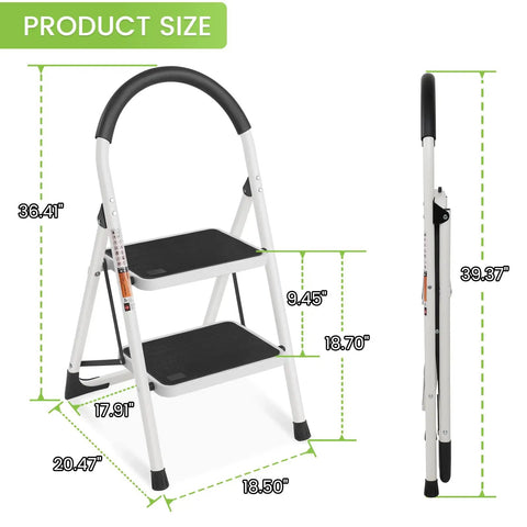 Two Step Folding Ladder With Extra Wide Anti Slip Pedals And Handgrip, Lightweight Steel, Handles Up To 330 Lbs, dimensions view
