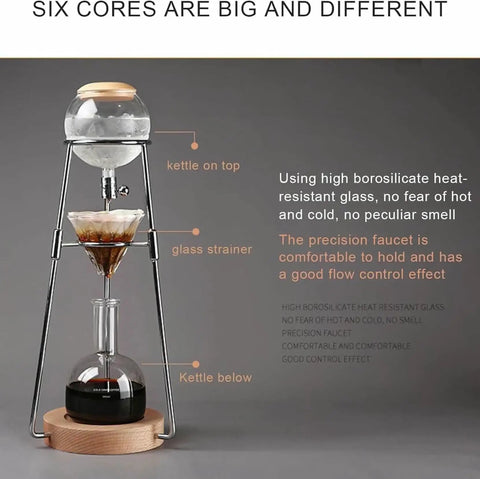 Skip The Coffee Shop Line With This Adjustable Cold Brew Drip Tower Featuring A Precision Flow Valve And Durable Heat Resistant Stainless Rack For Silky Homemade Sips, showcasing kettle, strainer, and glass vessel.