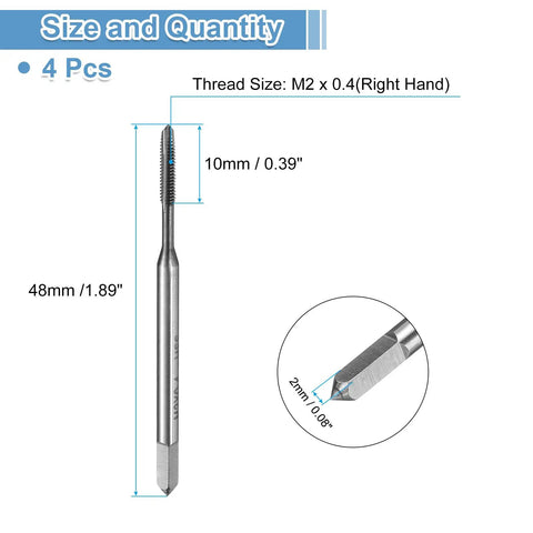 Heavy Duty Spiral Point Thread Taps 4 Pack Metric M2 X 0.4 H2 Accuracy TICN Coated Square Shank, dimensions and threading details.