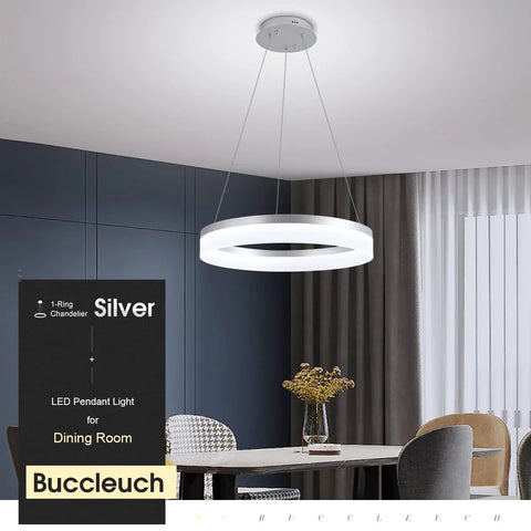 Sleek Modern LED Chandelier Round Pendant Light 19.7 Inch Dimmable Ceiling Light in dining room setting with adjustable height.