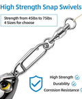 Close-up of a stainless steel fishing swivel with snap hooks, showcasing high tensile strength, part of 30 Pack Heavy Duty Stainless Steel Fishing Swivels With Snap Hooks For Lure Attachments, Saltwater And Freshwater Tackle Kit, Corrosion Resistant, High Tensile Strength, Durable Fishing Accessories.