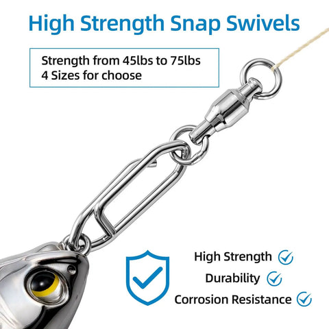 Close-up of a stainless steel fishing swivel with snap hooks, showcasing high tensile strength, part of 30 Pack Heavy Duty Stainless Steel Fishing Swivels With Snap Hooks For Lure Attachments, Saltwater And Freshwater Tackle Kit, Corrosion Resistant, High Tensile Strength, Durable Fishing Accessories.