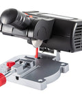 110V Mini Miter Cut Off Chop Saw With Dual Two and Five Sixteenths Inch Blades, Half Inch Cutting Depth, side view