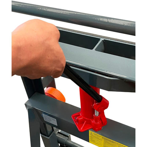 Adjusting the hydraulic lever on Beast Of A Heavy Duty Hydraulic Machinery And Equipment Mover With Adjustable Forks Swivel PU On Steel Wheels 6 Inch Lift