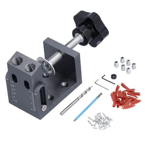 DIY Friendly 15 Degree Adjustable Oblique Pocket Hole Jig Kit With Clamp For Drawer Wardrobe Bed Assembly Aluminum Alloy Woodworking Hole Locator 52Pcs Set For Precise Pocket Holes And Easy Jigs shown with parts and accessories.