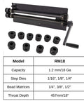 Bead Roller Sheet Metal Machine 18 Inch With 6 Die Sets Rotary Beading Tool for Metal Sheets with specifications shown