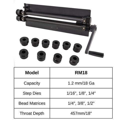 Bead Roller Sheet Metal Machine 18 Inch With 6 Die Sets Rotary Beading Tool for Metal Sheets with specifications shown