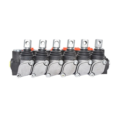 Six Spool Adjustable Hydraulic Double Acting Monoblock Control Valve For Tractor Loader Built Tough Workhorse 11 GPM 3600 PSI Cast Iron Construction 8 SAE Ports Precision Ground And Hard Chrome Finish