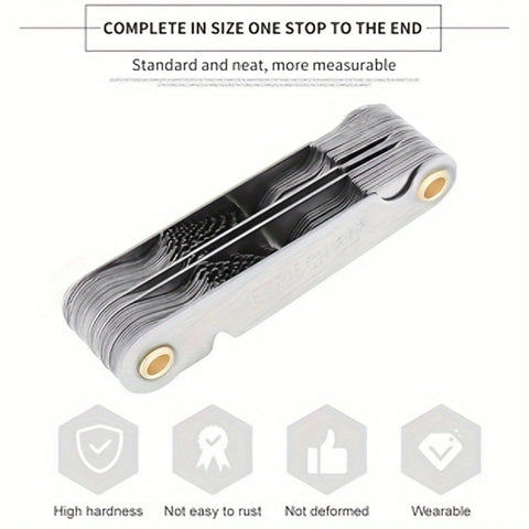 Front view of metal foldable 58-piece metric and imperial screw pitch gauge set; Amazon BISS.