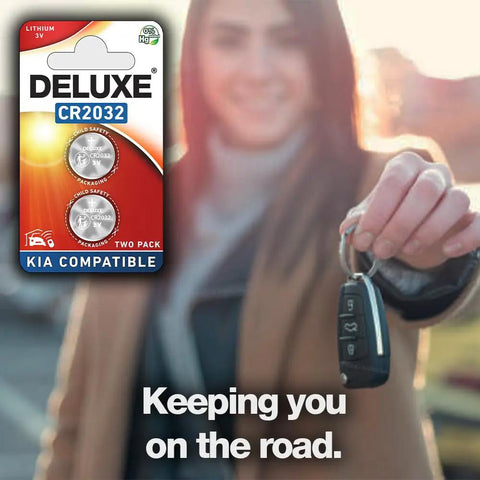 Premium Replacement Batteries For Kia Key Fob Remotes Pack Of Two Hassle Free Diy Install No Sweat Or Programming Needed Compatible With Sportage And Sorento Models, featuring two CR2032 batteries with a woman holding a key fob.
