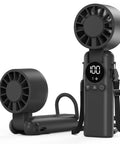 Portable Handheld USB Fan With 5000mAh Rechargeable Battery LED Display Foldable Design 199 Adjustable Speeds displayed in black