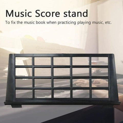 Black Keyboard Music Score Stand For Electronic Sheet Music, Portable Durable Organ Holder on desk with hands visible behind.