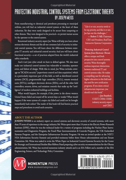 Book back cover Protecting Industrial Control Systems from Electronic Threats dark blue with red sidebar Momentum Press