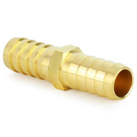 Close-up of Beefy Brass Hose Barb Fittings Three Eighths Inch Barb to Three Eighths Inch Barb Splicer Union Repair Kit