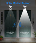 Two No Fuss Solar Motion Lights Waterproof Metal Body Outdoor Security Flood Lights With PIR Motion Sensor illuminating a door