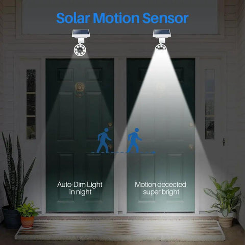 Two No Fuss Solar Motion Lights Waterproof Metal Body Outdoor Security Flood Lights With PIR Motion Sensor illuminating a door