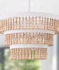 Beaded Wood Chandelier With White Metal Frame, Boho Bohemian Coastal Farmhouse Pendant Light for Dining Room, hardwired ceiling fixture