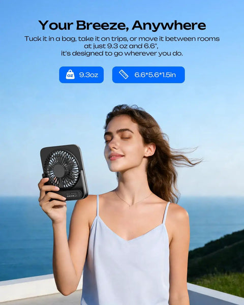 Woman holding Portable 6.5 Inch Desk Fan With 4000mAh Battery And USB Power Cordless Personal Fan by ocean view