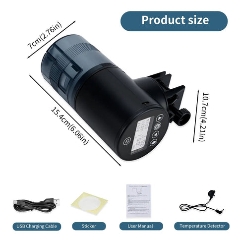 Rock Solid Automatic Fish Feeder With Nailed It Timing Accuracy And Rechargeable Battery For Home Aquariums And Backyard Ponds, showing dimensions and included accessories.