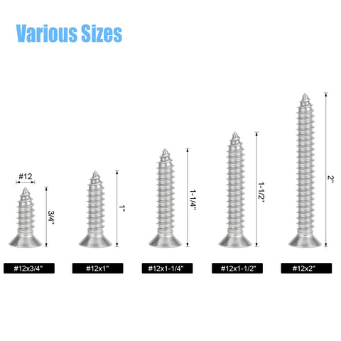 Sixty Piece Size Twelve Stainless Steel Wood Screw Assortment Kit With Countersunk Phillips Heads And Self Tapping Design For Deck Building Furniture Upgrade And Heavy Duty Jobs That Are Absolutely Dope And Built Tough displayed in various sizes.