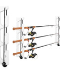 Three Rod Wall Mount Fishing Rod Holders For Garage And Wall Storage Organizer Gear Equipment Keeps Rods From Slipping And Clutter Free Easy To Install For Home Shed Or Boat Man Cave Ready in white holding three fishing rods