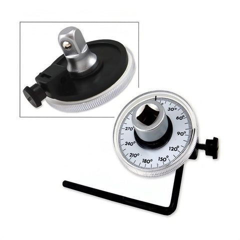 MASITE torque angle gauge with 1/2in drive, 360° dial; front view with adjustment knob, inset shows side view.