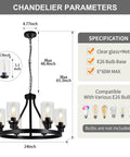 Dimensions and features of Six Light Farmhouse Wagon Wheel Chandelier Pendant Light Fixture in Matte Black with E26 base.