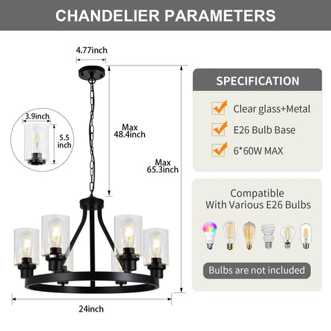 Dimensions and features of Six Light Farmhouse Wagon Wheel Chandelier Pendant Light Fixture in Matte Black with E26 base.